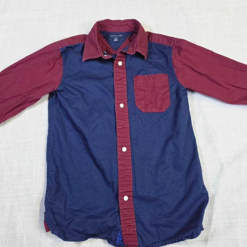 Tommy Hilfiger Kids Navy Burgundy Colorblock Button Down Shirt Size S 6-7
